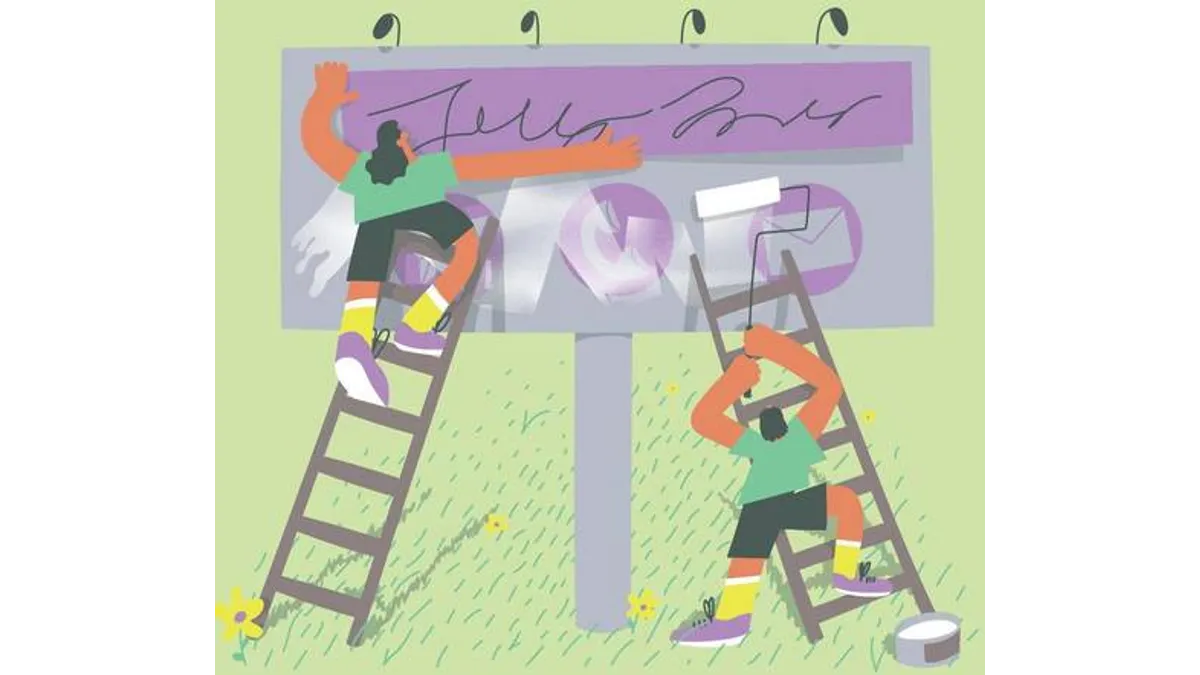 Illustration of workers updating a resume header billboard with a name banner and contact icons for phone, location, and email